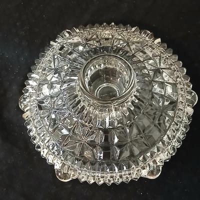 Assortment of glassware - Etched Daffodil Vase, Bowls, candy dish, Candle stick holders