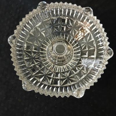 Assortment of glassware - Etched Daffodil Vase, Bowls, candy dish, Candle stick holders