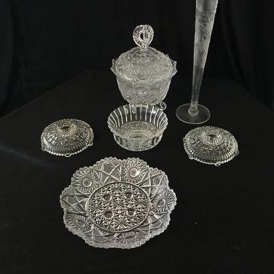 Assortment of glassware - Etched Daffodil Vase, Bowls, candy dish, Candle stick holders
