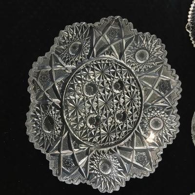 Assortment of glassware - Etched Daffodil Vase, Bowls, candy dish, Candle stick holders