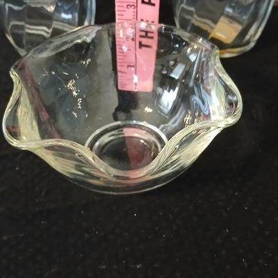 Glassware- two heavy glass lidded dishes, a Cruet with stopper, a bowl and a vase