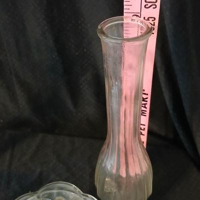 Glassware- two heavy glass lidded dishes, a Cruet with stopper, a bowl and a vase