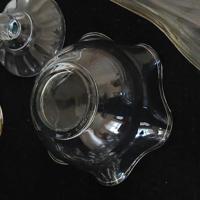 Glassware- two heavy glass lidded dishes, a Cruet with stopper, a bowl and a vase