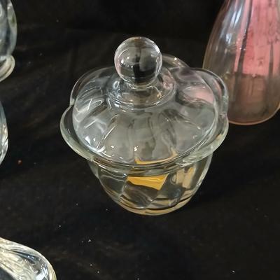 Glassware- two heavy glass lidded dishes, a Cruet with stopper, a bowl and a vase