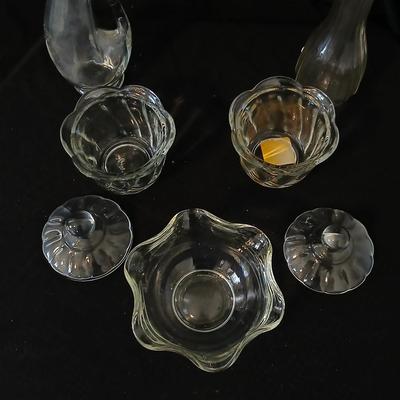 Glassware- two heavy glass lidded dishes, a Cruet with stopper, a bowl and a vase