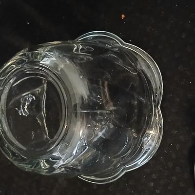 Glassware- two heavy glass lidded dishes, a Cruet with stopper, a bowl and a vase