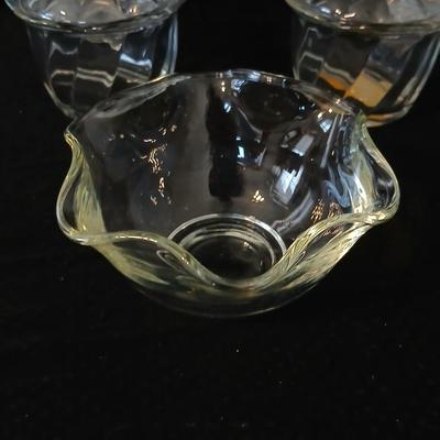 Glassware- two heavy glass lidded dishes, a Cruet with stopper, a bowl and a vase