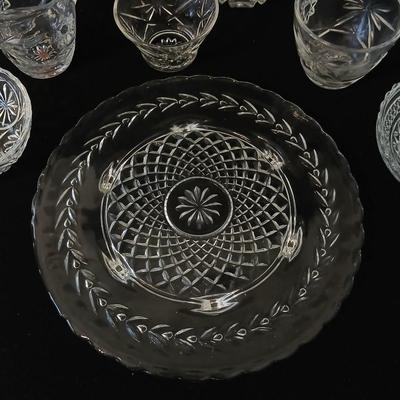 Glassware - Vintage platter, assortment of small bowls and a vase