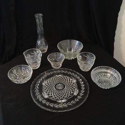 Glassware - Vintage platter, assortment of small bowls and a vase