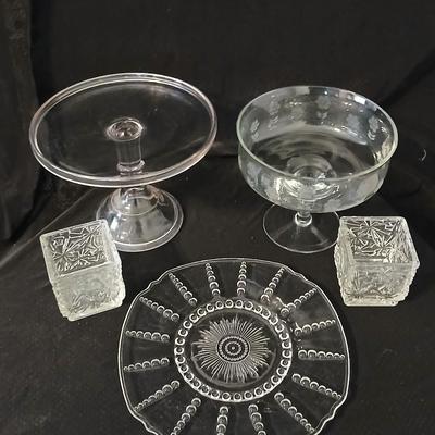 Vintage glassware - clear glass pedestal cake stand, crystal etched pedestal fruit centerpiece bowl, Federal Glass Columbia pattern clear...