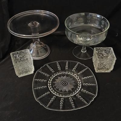 Vintage glassware - clear glass pedestal cake stand, crystal etched pedestal fruit centerpiece bowl, Federal Glass Columbia pattern clear...