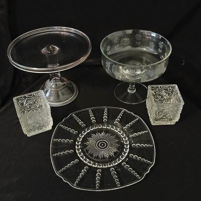 Vintage glassware - clear glass pedestal cake stand, crystal etched pedestal fruit centerpiece bowl, Federal Glass Columbia pattern clear...