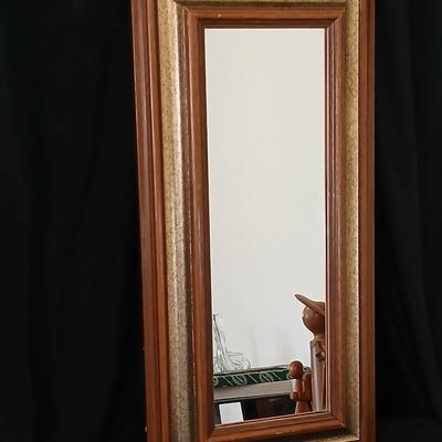 Vintage brown & Gold framed MCM Mirror with wood like angel & wooden angel