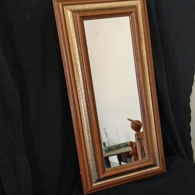 Vintage brown & Gold framed MCM Mirror with wood like angel & wooden angel