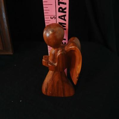 Vintage brown & Gold framed MCM Mirror with wood like angel & wooden angel