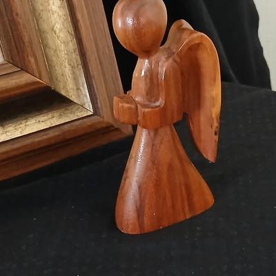 Vintage brown & Gold framed MCM Mirror with wood like angel & wooden angel