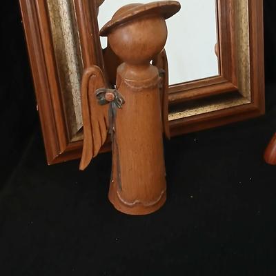 Vintage brown & Gold framed MCM Mirror with wood like angel & wooden angel
