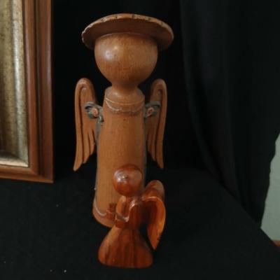 Vintage brown & Gold framed MCM Mirror with wood like angel & wooden angel