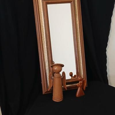 Vintage brown & Gold framed MCM Mirror with wood like angel & wooden angel