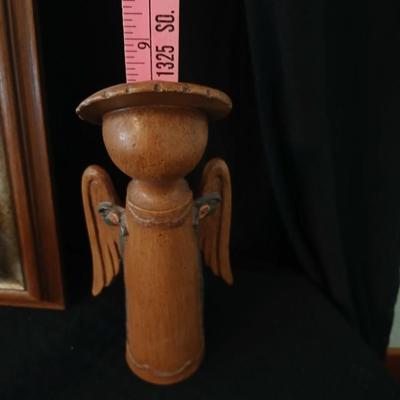 Vintage brown & Gold framed MCM Mirror with wood like angel & wooden angel