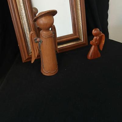 Vintage brown & Gold framed MCM Mirror with wood like angel & wooden angel