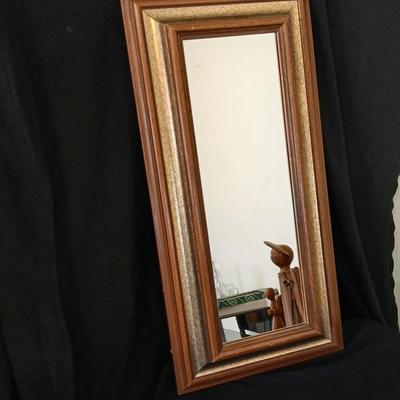 Vintage brown & Gold framed MCM Mirror with wood like angel & wooden angel