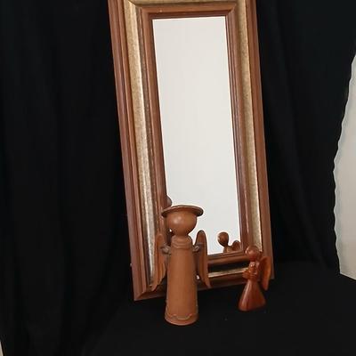 Vintage brown & Gold framed MCM Mirror with wood like angel & wooden angel