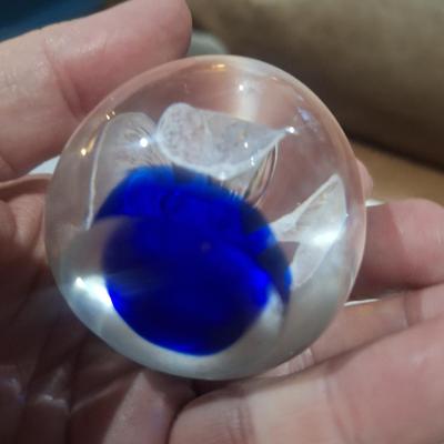 Sale Photo Thumbnail #4: blown glass paperweight, egg shape with cobalt blue and white flower