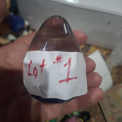 Sale Photo Thumbnail #7: blown glass paperweight, egg shape with cobalt blue and white flower