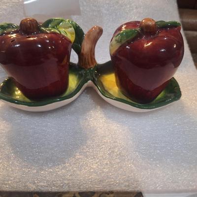 Sale Photo Thumbnail #10: apple salt and pepper shakers with tray- ceramic