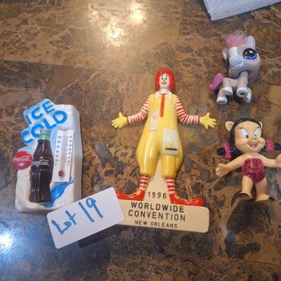 Sale Photo Thumbnail #94: Ronald was a promotional item from the worldwide McDonald's convention , Petunia pig is a plc. figurine, tiny horse is littles pet shot and the coca cola thermometer is a fridge magnet