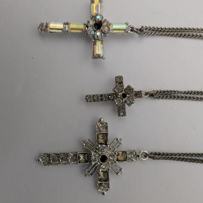 Vintage Rhinestone Cross Necklace Lot of 3 Silver Tone Aurora Borealis and Clear Stones