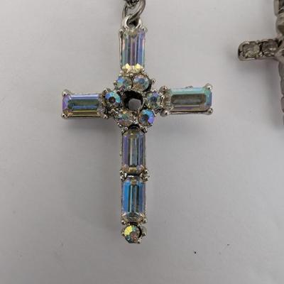 Vintage Rhinestone Cross Necklace Lot of 3 Silver Tone Aurora Borealis and Clear Stones