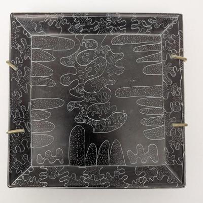 Vintage Hand Etched Black Ceramic Square Plate Abstract Tribal Style Design