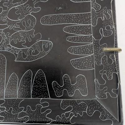 Vintage Hand Etched Black Ceramic Square Plate Abstract Tribal Style Design