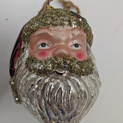 Set Of 2 Vintage Style Glass Santa Head Christmas Ornaments With Glitter Accents