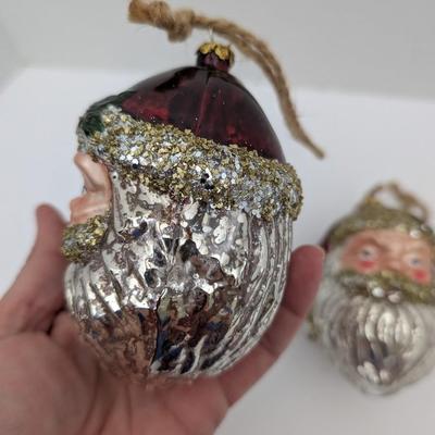 Set Of 2 Vintage Style Glass Santa Head Christmas Ornaments With Glitter Accents