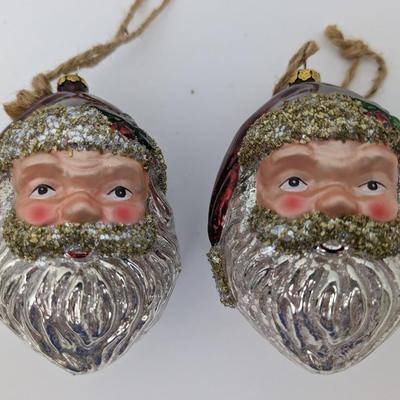 Set Of 2 Vintage Style Glass Santa Head Christmas Ornaments With Glitter Accents