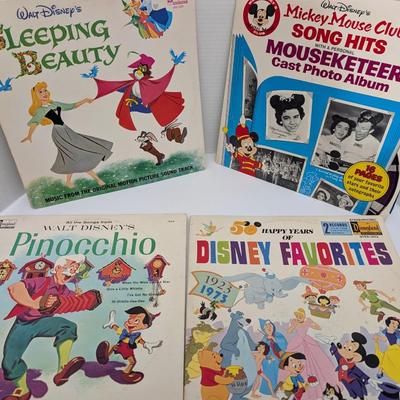 Lot of 4 Vintage Walt Disney Vinyl Records Sleeping Beauty Pinocchio Mickey Mouse Club Disney Favorites