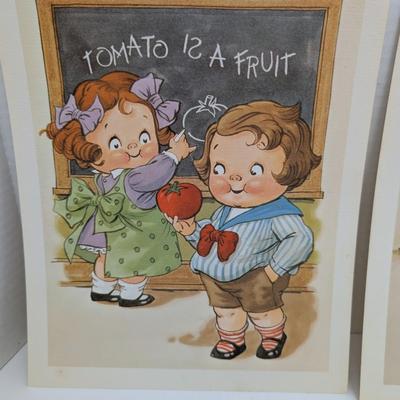 Set of 4 Vintage Campbell’s Kids Art Prints Baseball Skating Valentine School Tomato Theme
