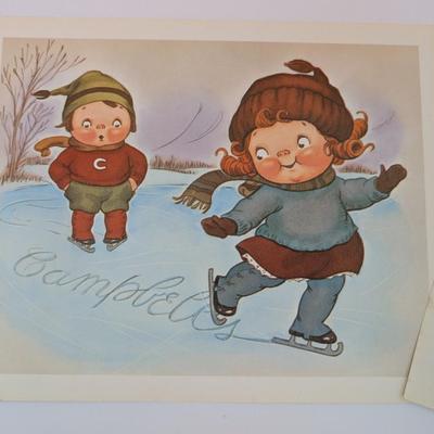 Set of 4 Vintage Campbell’s Kids Art Prints Baseball Skating Valentine School Tomato Theme
