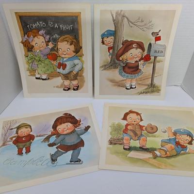 Set of 4 Vintage Campbell’s Kids Art Prints Baseball Skating Valentine School Tomato Theme