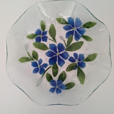Sydensyryker Fused Glass Bowl Blue Flowers and Green Leaves Art Glass Dish