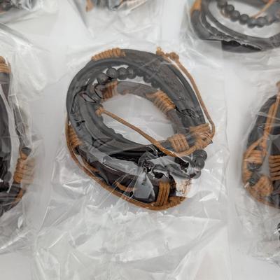 Lot of 18 Brown Leather and Wax Cord Bracelets 6 Packages of 3 Boho Hippie Surfer Unisex