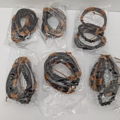 Lot of 18 Brown Leather and Wax Cord Bracelets 6 Packages of 3 Boho Hippie Surfer Unisex