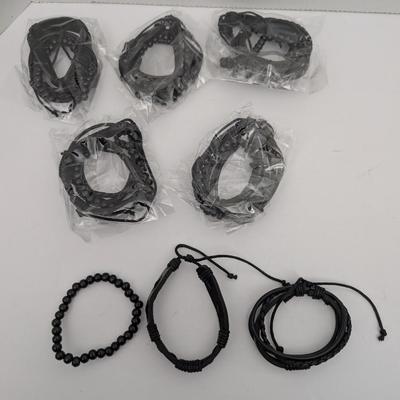 Lot of 18 Black Leather and Wax Cord Bracelets 6 Packages of 3 Goth Punk Surfer Unisex
