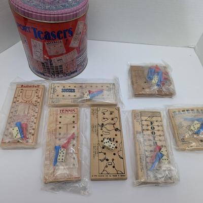 Vintage 1982 Sport Teasers Miniature Wood Peg Game Lot 7 Games in Original Tin