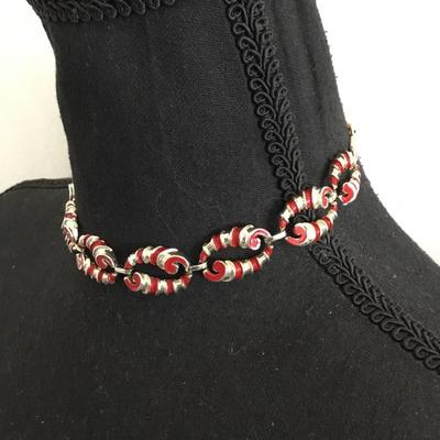 Vintage Silver and gold, toned red enamel choker necklace