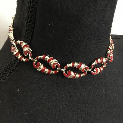 Vintage Silver and gold, toned red enamel choker necklace