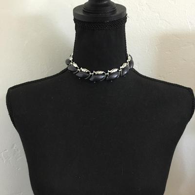 Vintage, silver toned, thermal set dark blue choker necklace